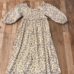 Girls Cream Floral Smocked Dress with Blue Print